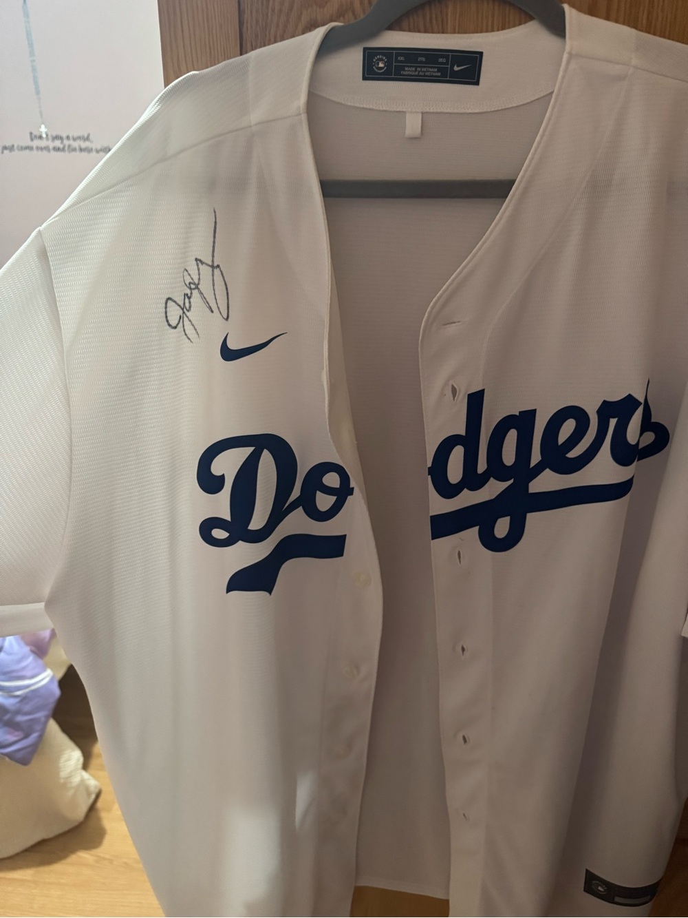 Nike White Dodgers Jersey with Blue Script